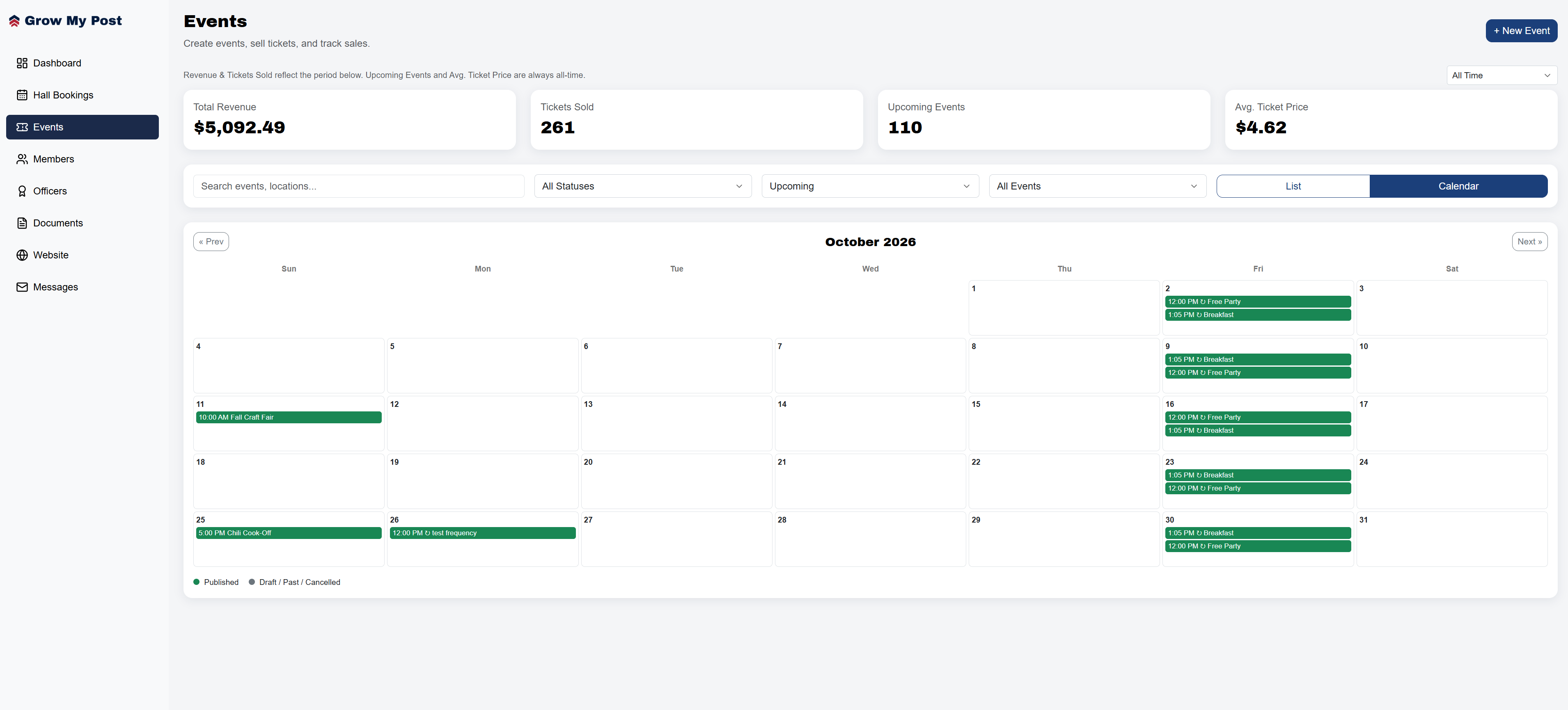 Events calendar showing published events, revenue, and tickets sold