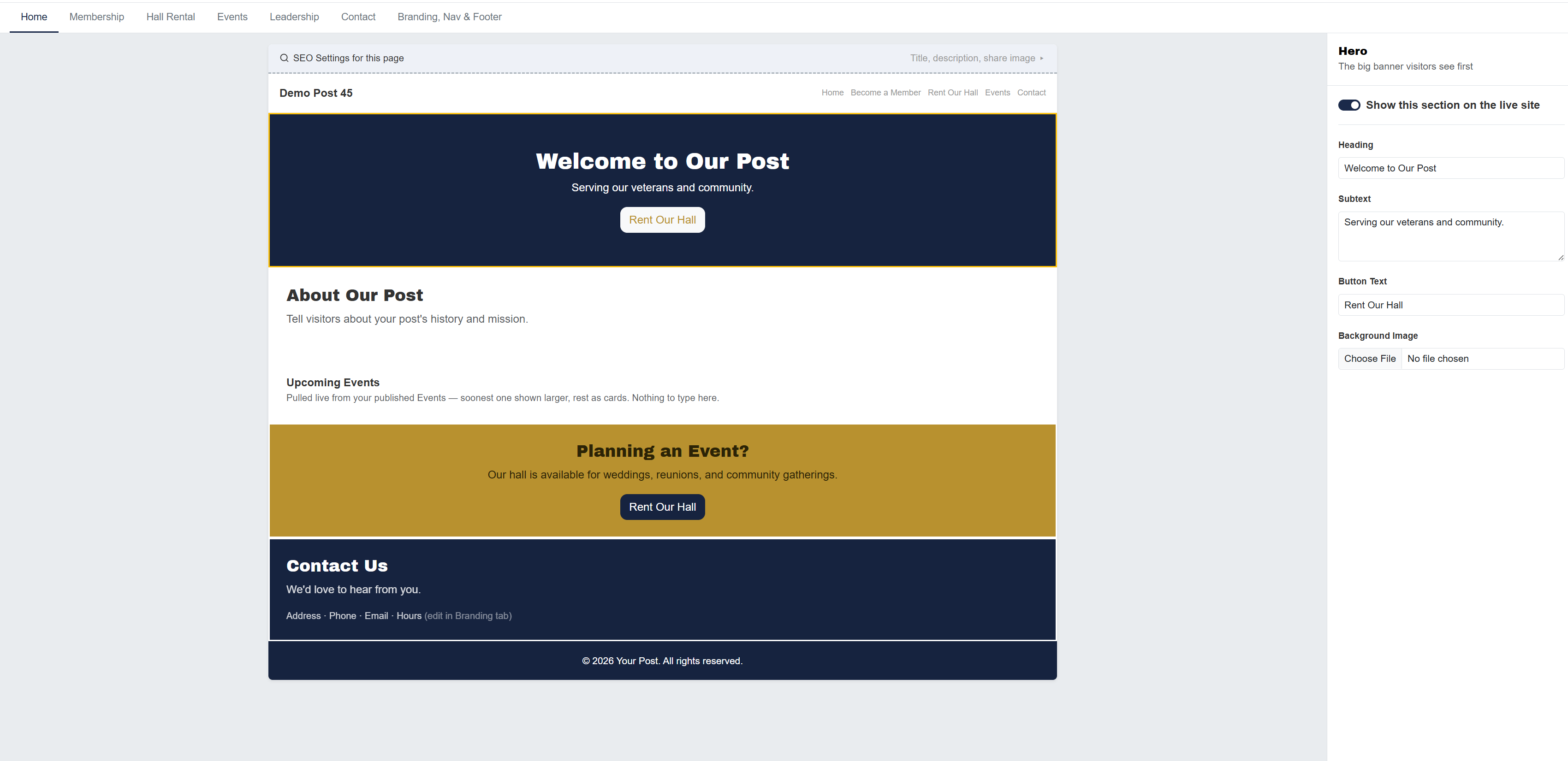 Website editor showing the live preview and section editor panel